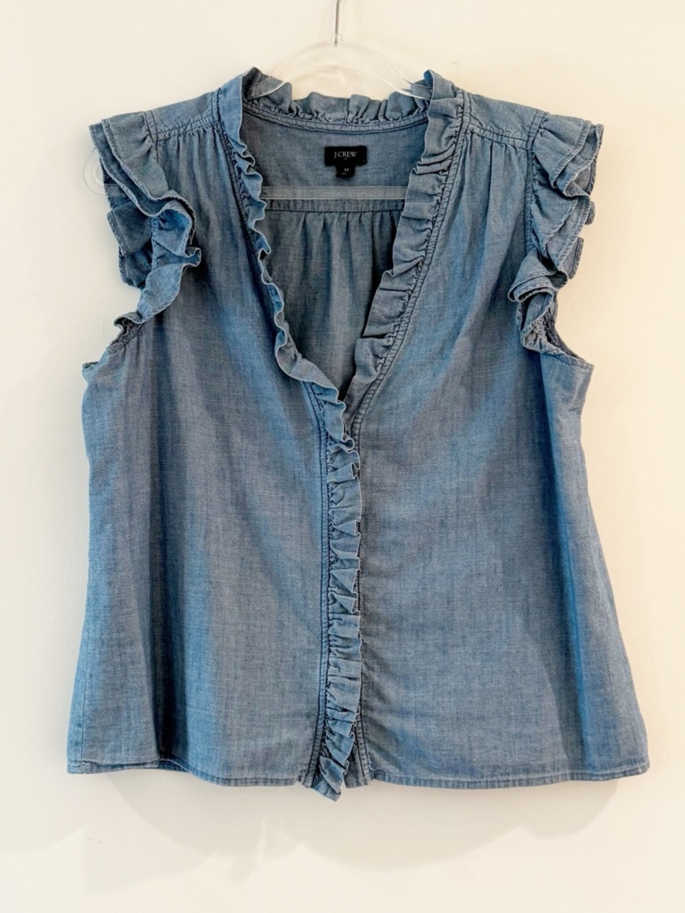 J. Crew Denim Chambray Ruffle Sleeve Top - Picture 6 of 6